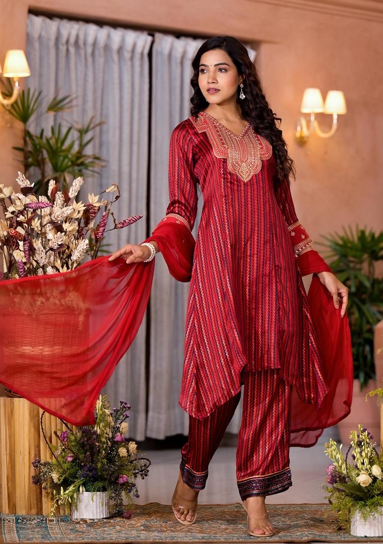 Red Printed Satin Salwar Kameez With Dupatta