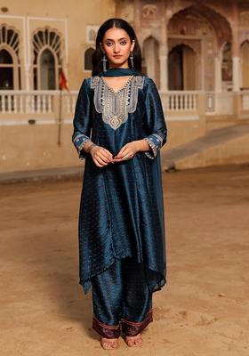 Blue Printed Satin Salwar Kameez With Dupatta