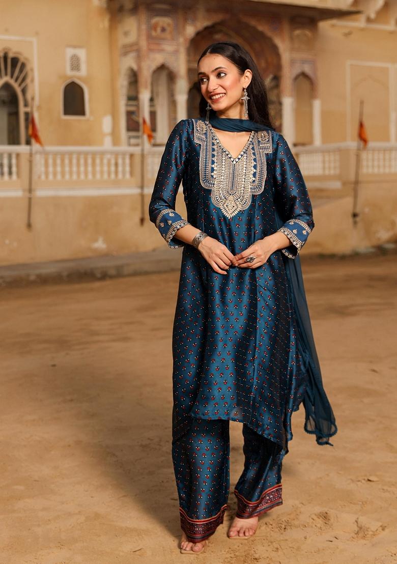 Blue Printed Satin Salwar Kameez With Dupatta
