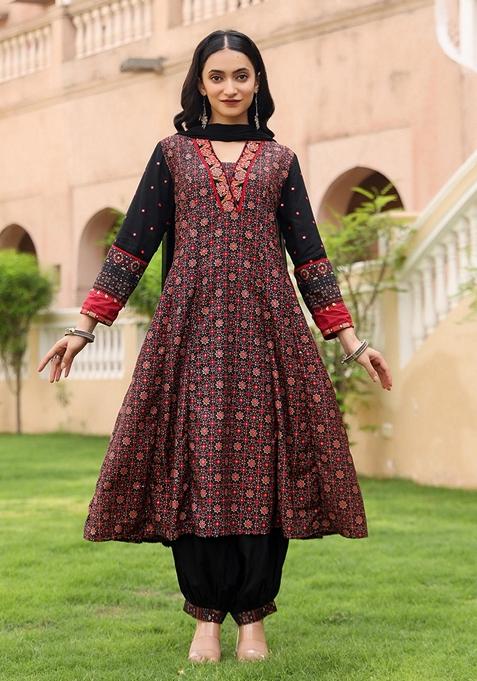 Black Printed Cotton Salwar Kameez With Dupatta