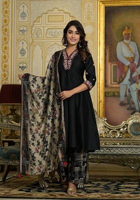 Black Embroidered Viscose Salwar Kameez With Dupatta