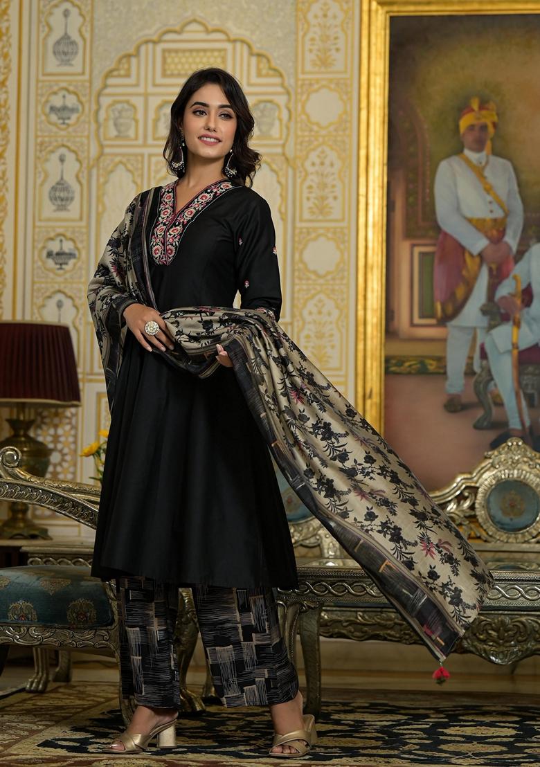 Black Embroidered Viscose Salwar Kameez With Dupatta