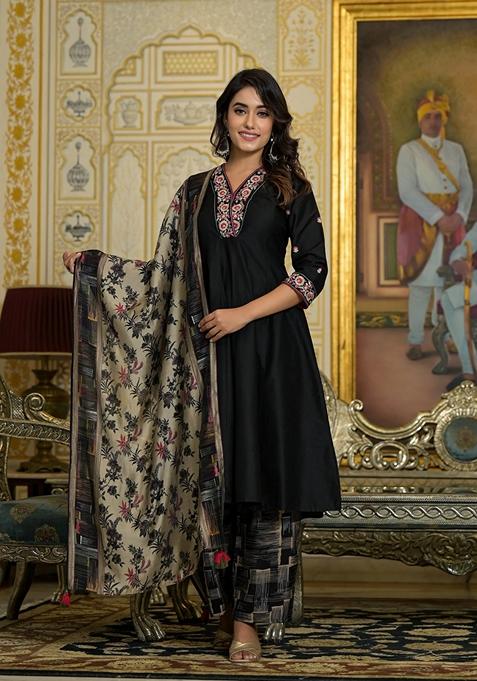 Black Embroidered Viscose Salwar Kameez With Dupatta