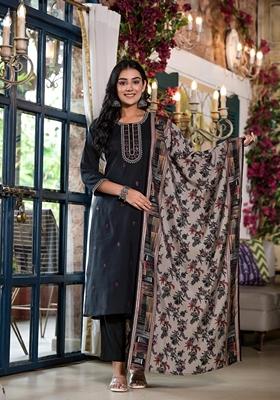 Black Solid Viscose Salwar Kameez With Dupatta