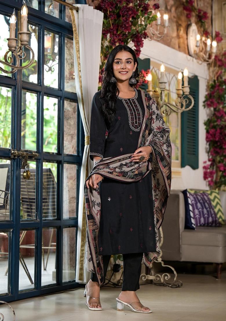 Black Solid Viscose Salwar Kameez With Dupatta