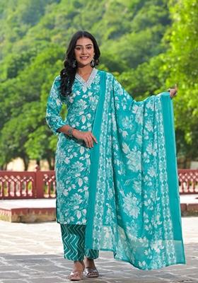Rama Green Printed Cotton Salwar Kameez With Dupatta