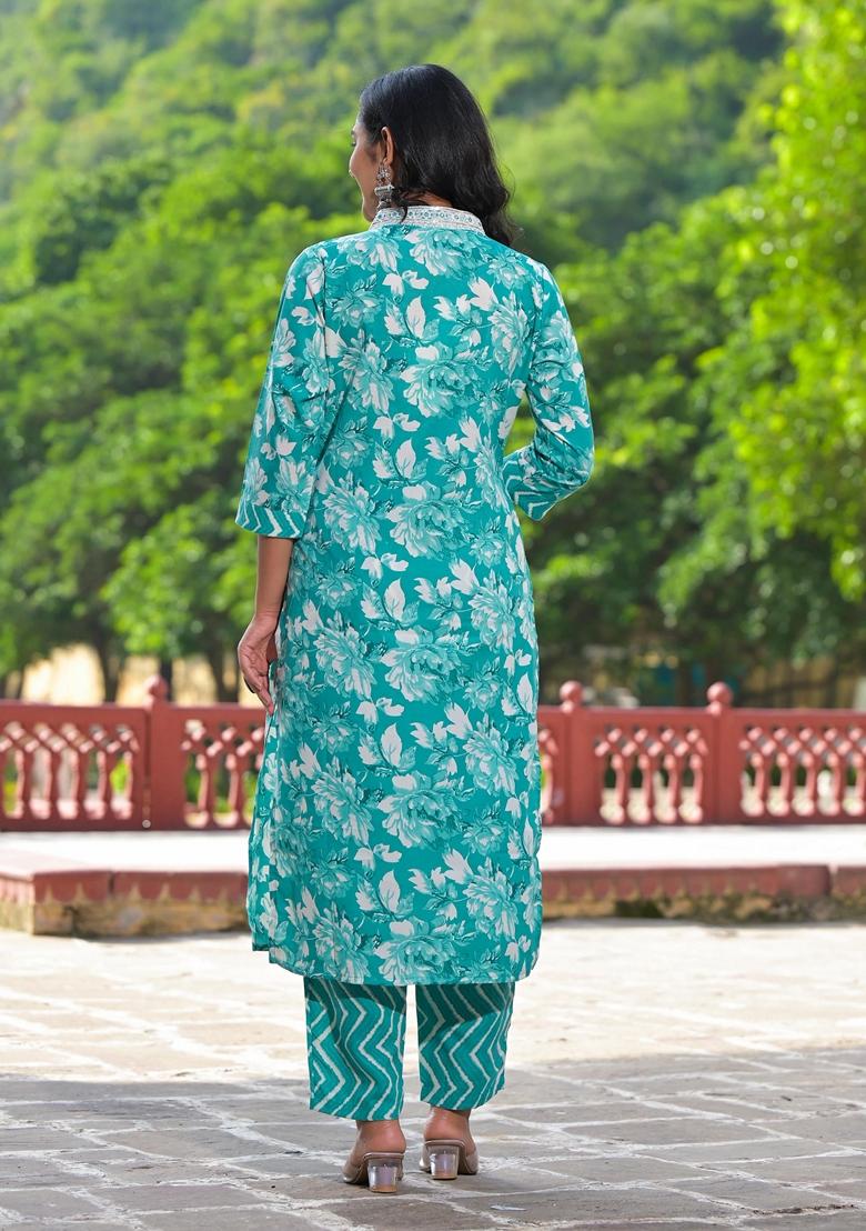 Rama Green Printed Cotton Salwar Kameez With Dupatta