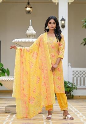 Yellow Printed Cotton Salwar Kameez With Dupatta