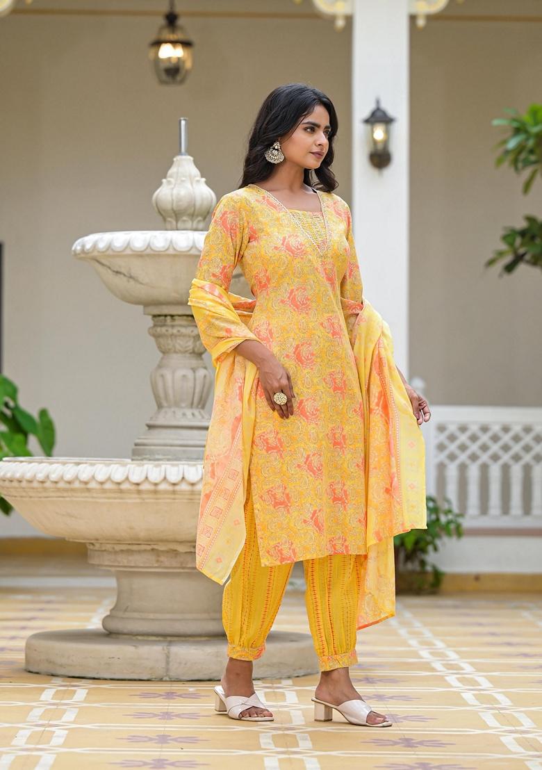 Yellow Printed Cotton Salwar Kameez With Dupatta