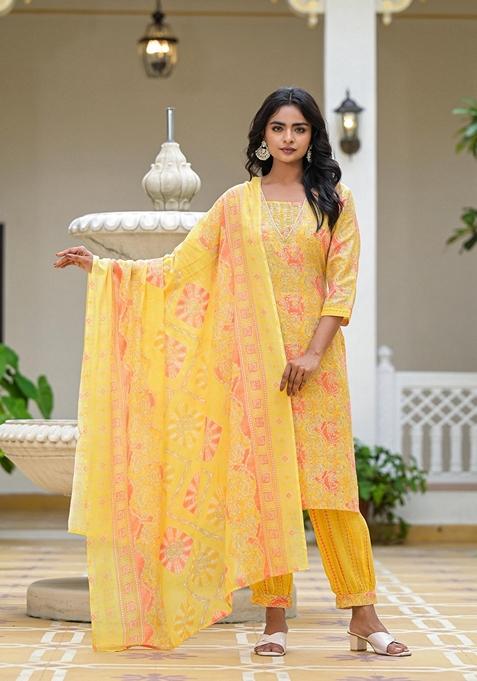 Yellow Printed Cotton Salwar Kameez With Dupatta