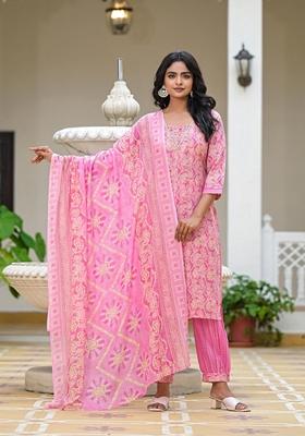 Pink Printed Cotton Salwar Kameez With Dupatta
