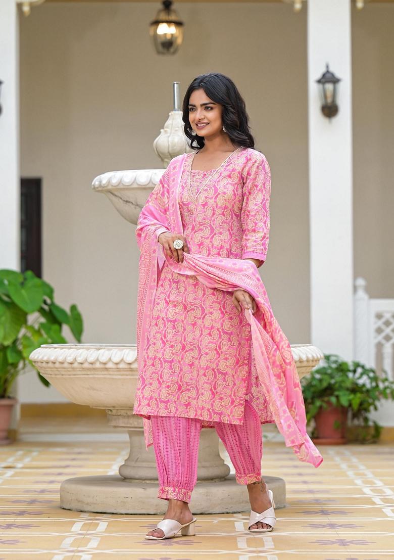 Pink Printed Cotton Salwar Kameez With Dupatta