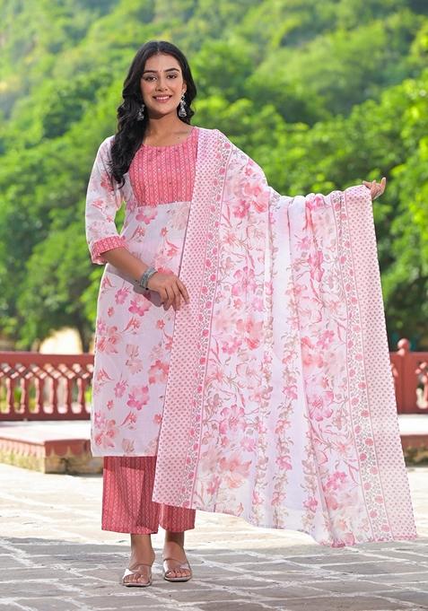 Peach Printed Cotton Salwar Kameez With Dupatta