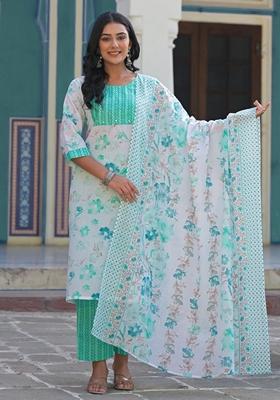 Green Printed Cotton Salwar Kameez With Dupatta
