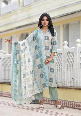 Blue Printed Cotton Salwar Kameez With Dupatta