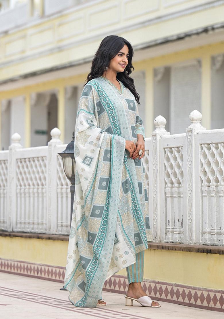 Blue Printed Cotton Salwar Kameez With Dupatta