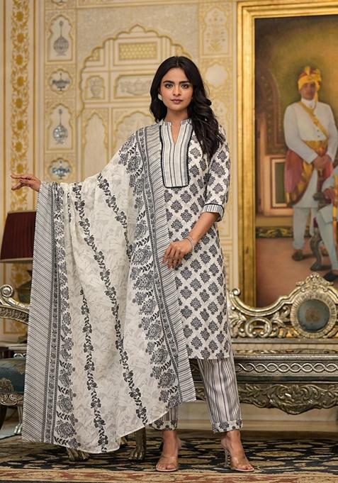 White Printed Cotton Salwar Kameez With Dupatta