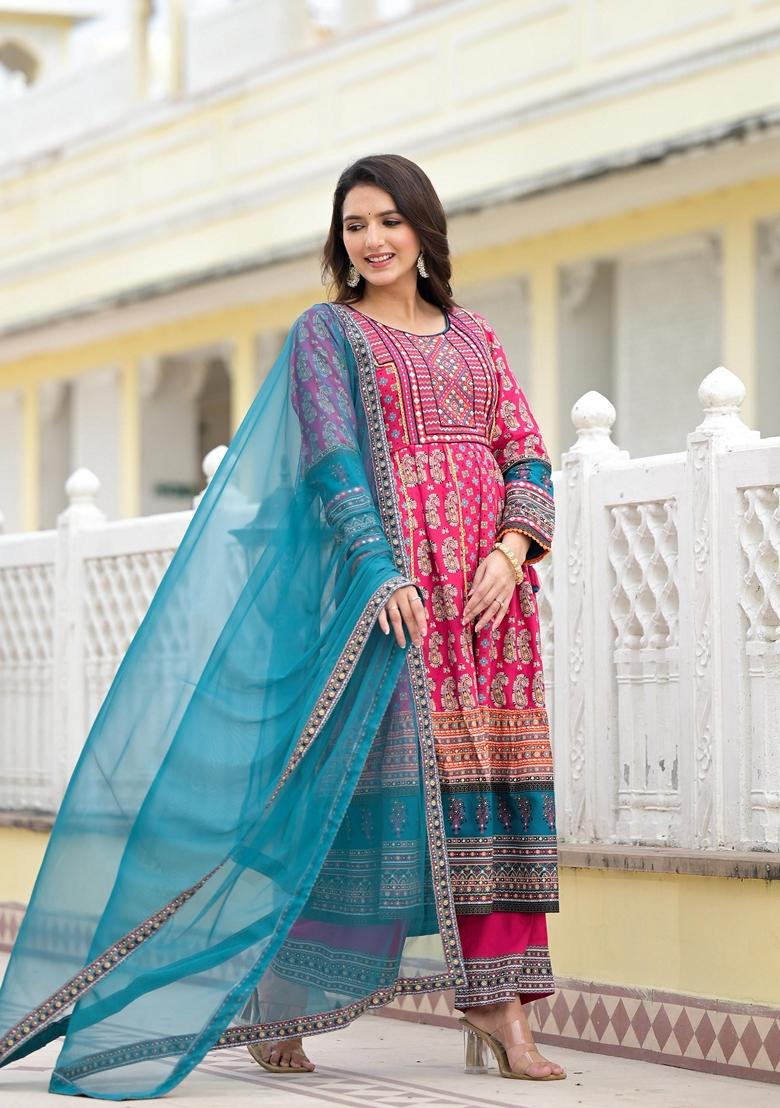 Fuchsia Pink Printed Rayon Palazzo Set With Dupatta