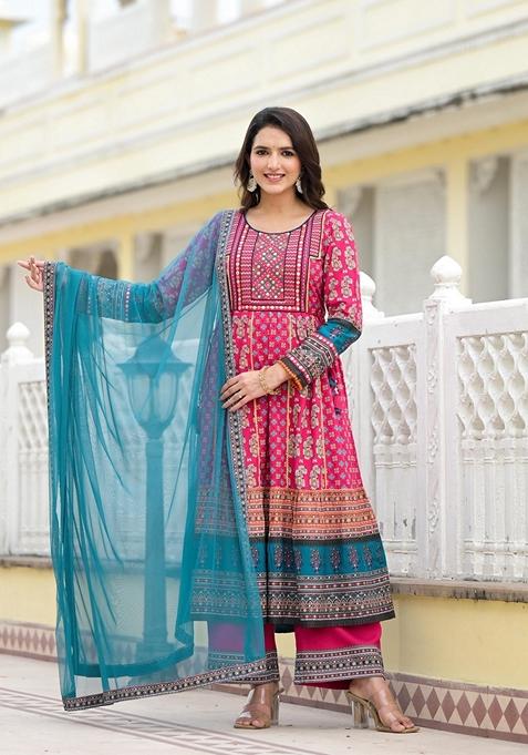 Fuchsia Pink Printed Rayon Palazzo Set With Dupatta