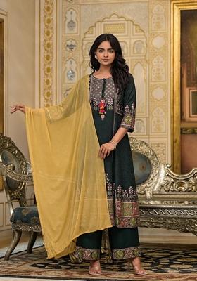 Green Printed Rayon Salwar Kameez With Dupatta