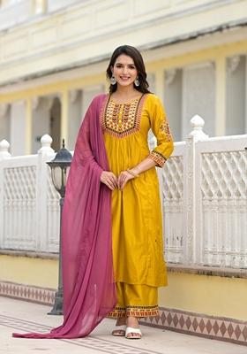 Mustard Yellow Solid Nylon Salwar Kameez With Dupatta