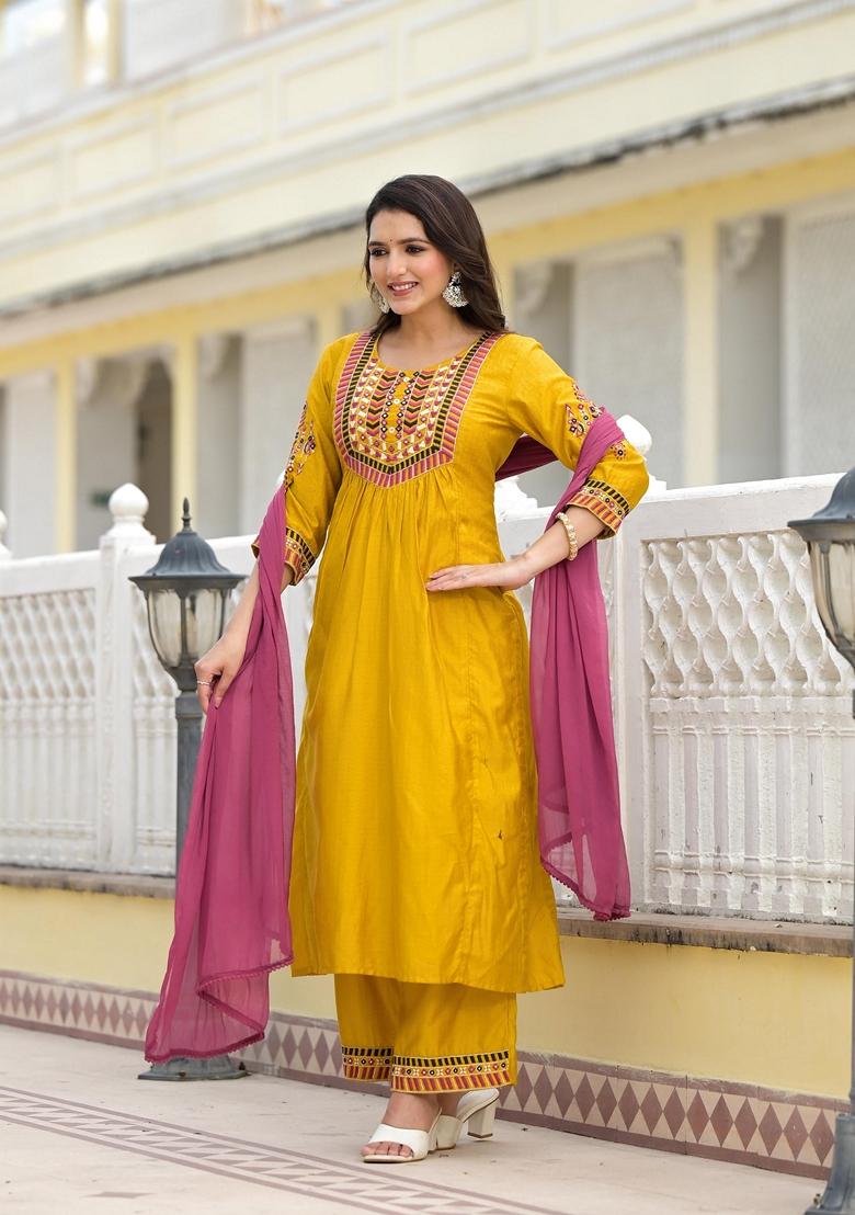 Mustard Yellow Solid Nylon Salwar Kameez With Dupatta