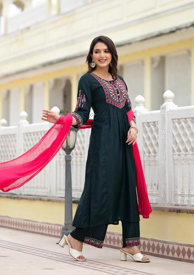 Green Solid Nylon Salwar Kameez With Dupatta