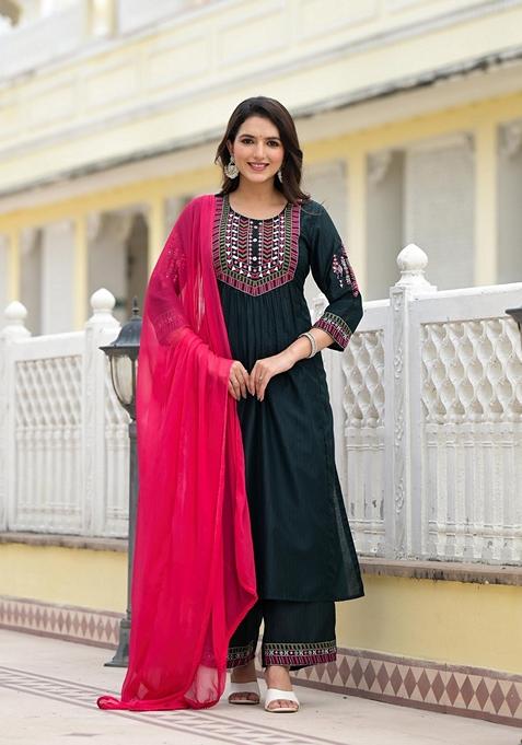 Green Solid Nylon Salwar Kameez With Dupatta