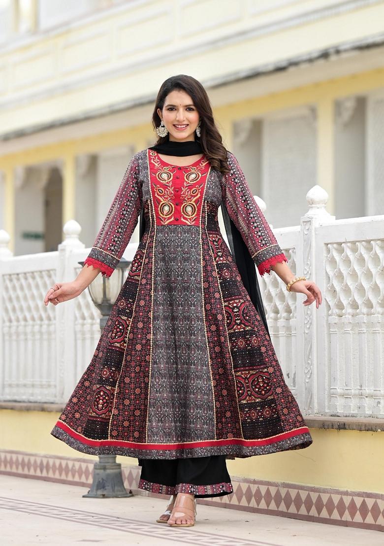 Black Printed Muslin Salwar Kameez With Dupatta