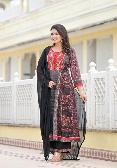 Black Printed Muslin Salwar Kameez With Dupatta