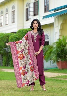 Wine Embroidered Modal Salwar Kameez With Dupatta