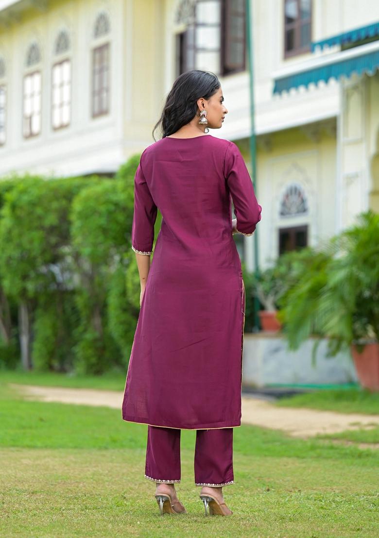 Wine Embroidered Modal Salwar Kameez With Dupatta