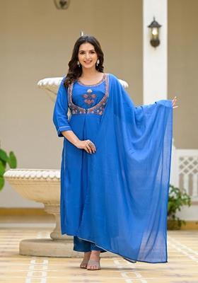 Blue Solid Viscose Salwar Kameez With Dupatta