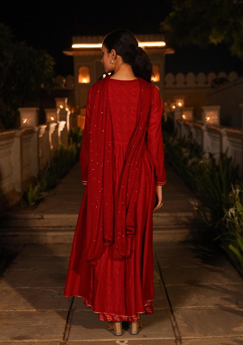 Maroon Printed Cotton Salwar Kameez With Dupatta