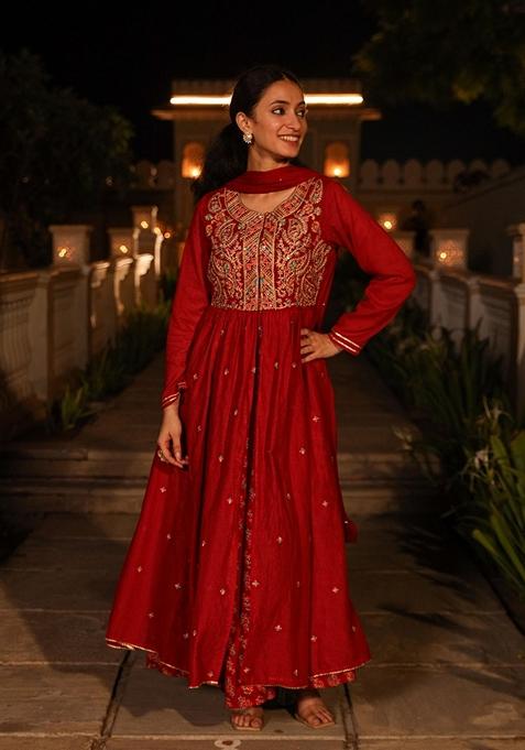 Maroon Printed Cotton Salwar Kameez With Dupatta