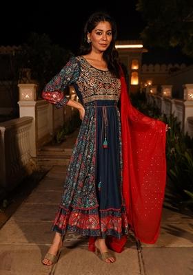 Blue Printed Viscose Palazzo Set With Dupatta