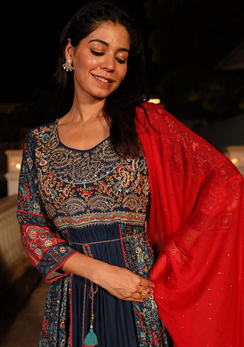 Blue Printed Viscose Palazzo Set With Dupatta