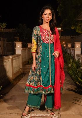 Teal Blue Printed Viscose Salwar Kameez With Dupatta
