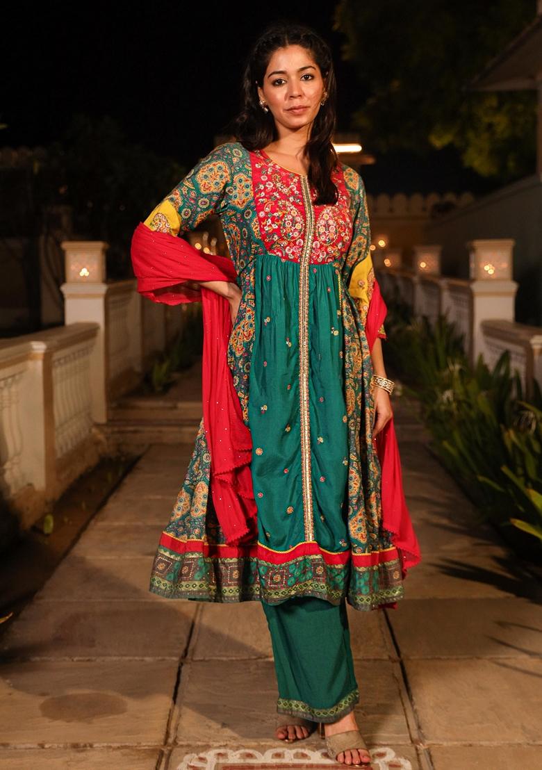 Teal Blue Printed Viscose Salwar Kameez With Dupatta