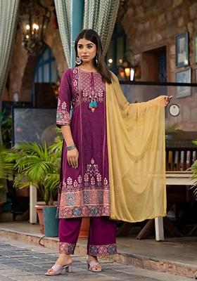 Plum Purple Printed Rayon Palazzo Set With Dupatta