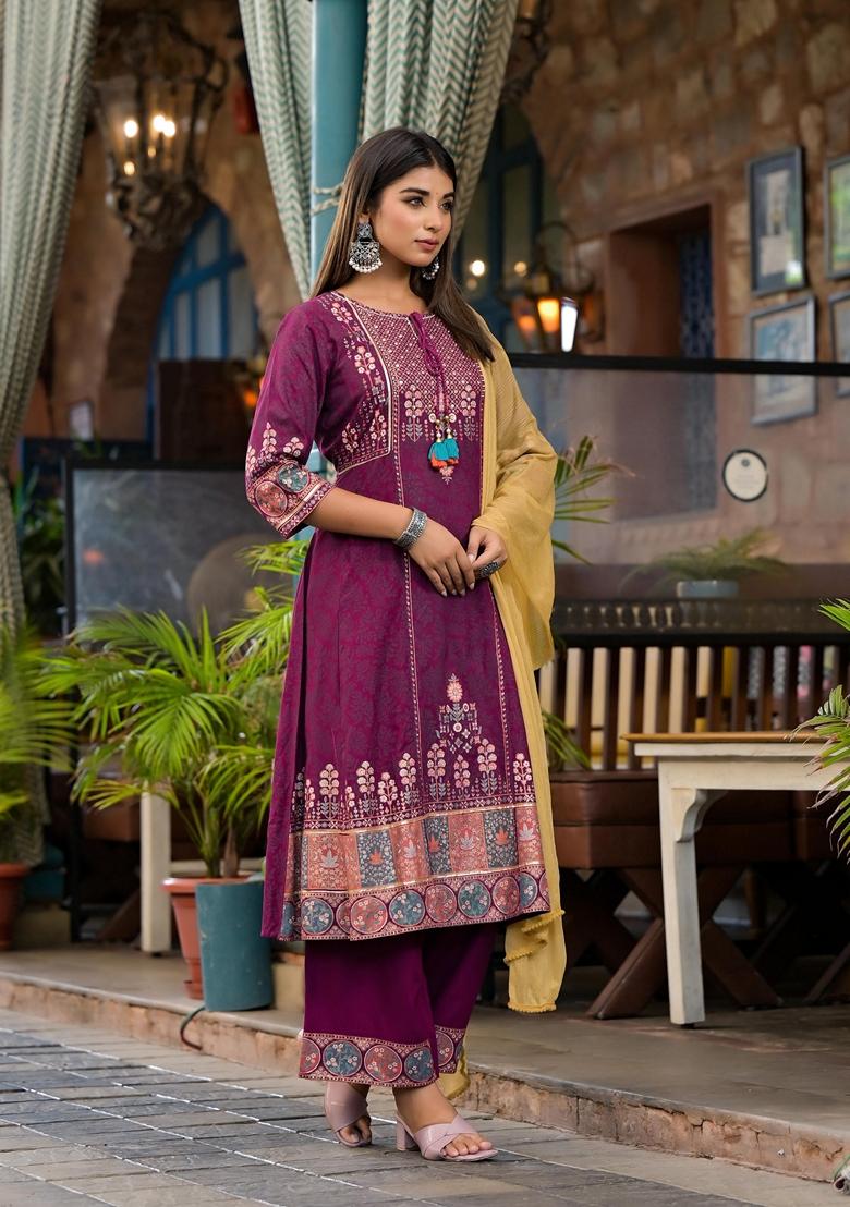 Plum Purple Printed Rayon Palazzo Set With Dupatta