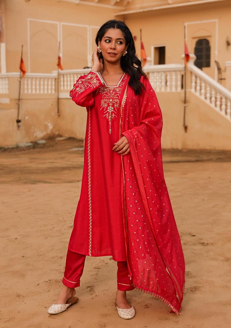 Fuchsia Pink Embroidered Viscose Salwar Kameez With Dupatta