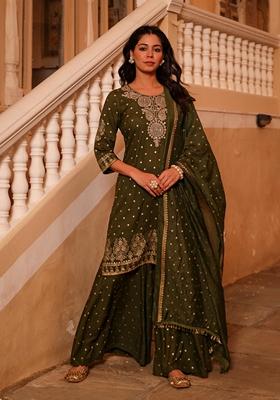 Olive Printed Rayon Salwar Kameez With Dupatta