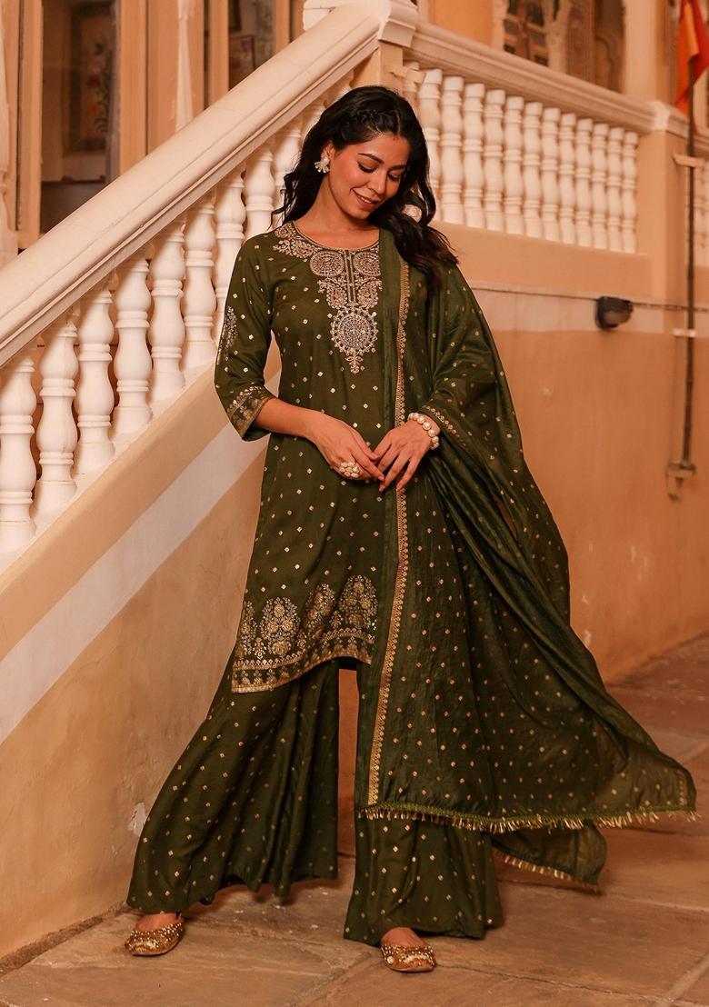 Olive Printed Rayon Salwar Kameez With Dupatta