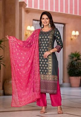 Jade Green Printed Muslin Salwar Kameez With Dupatta