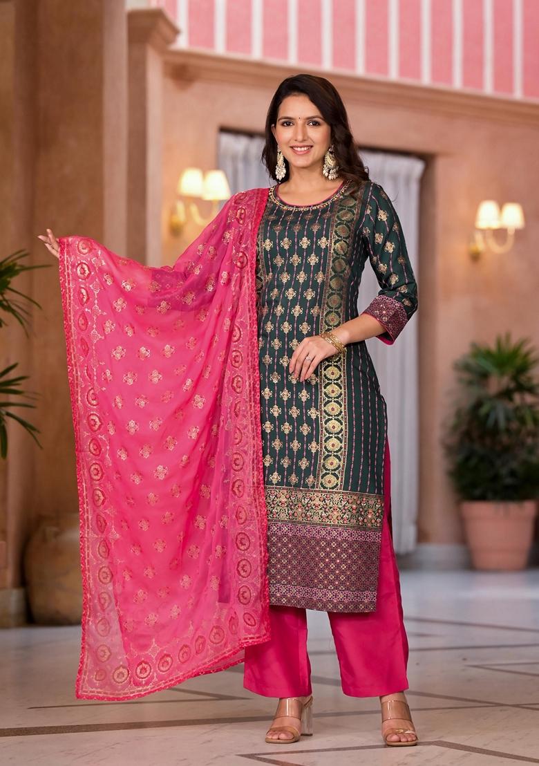 Jade Green Printed Muslin Salwar Kameez With Dupatta