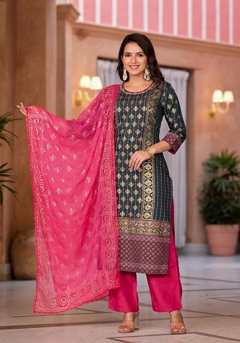 Jade Green Printed Muslin Salwar Kameez With Dupatta