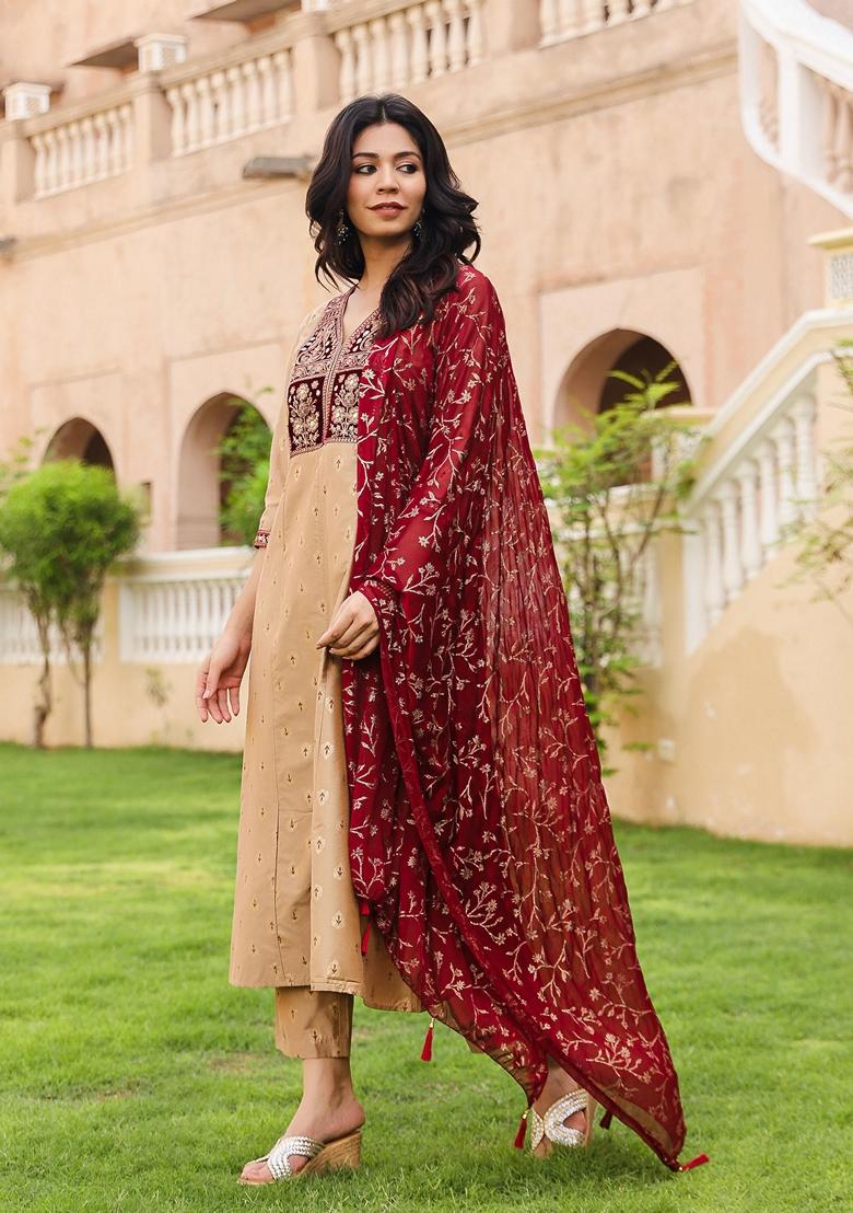 Gold Printed Cotton Salwar Kameez With Dupatta