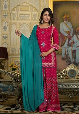 Fuchsia Pink Printed Rayon Sharara Set With Dupatta
