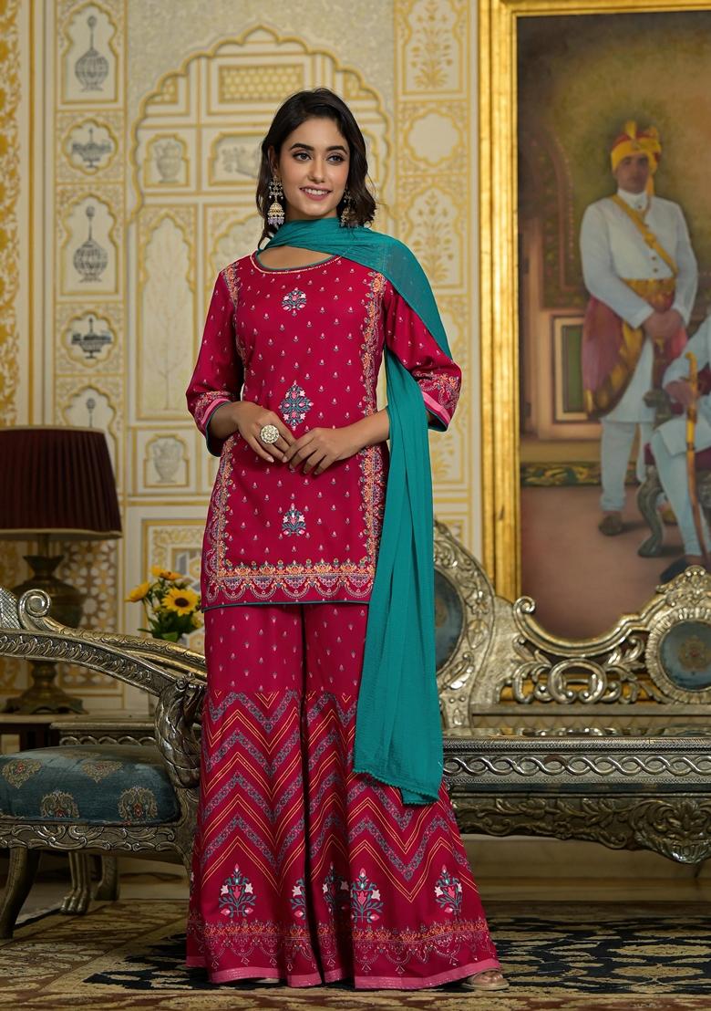 Fuchsia Pink Printed Rayon Sharara Set With Dupatta